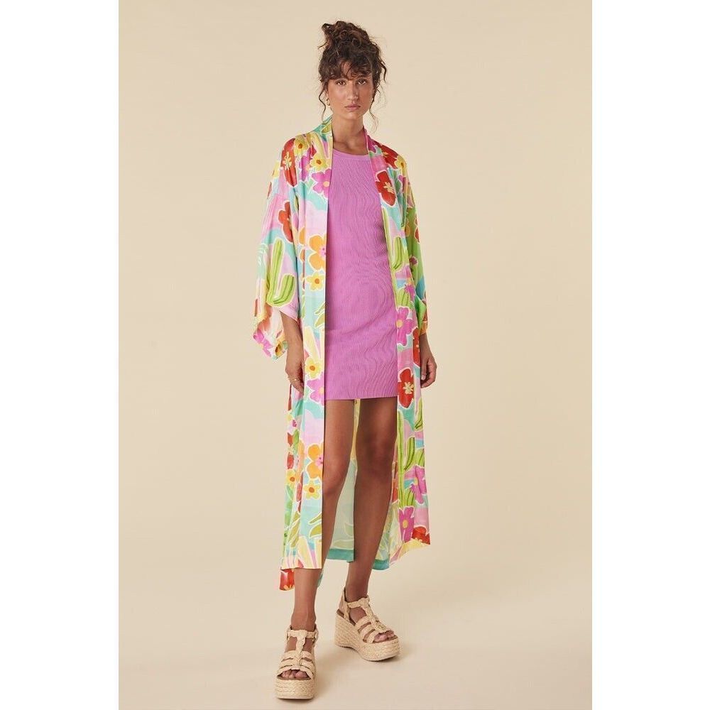 Spell Floral Pastel Silk Kimono Robe in Aqua, Pink & Yellow - Picture 5 of 10